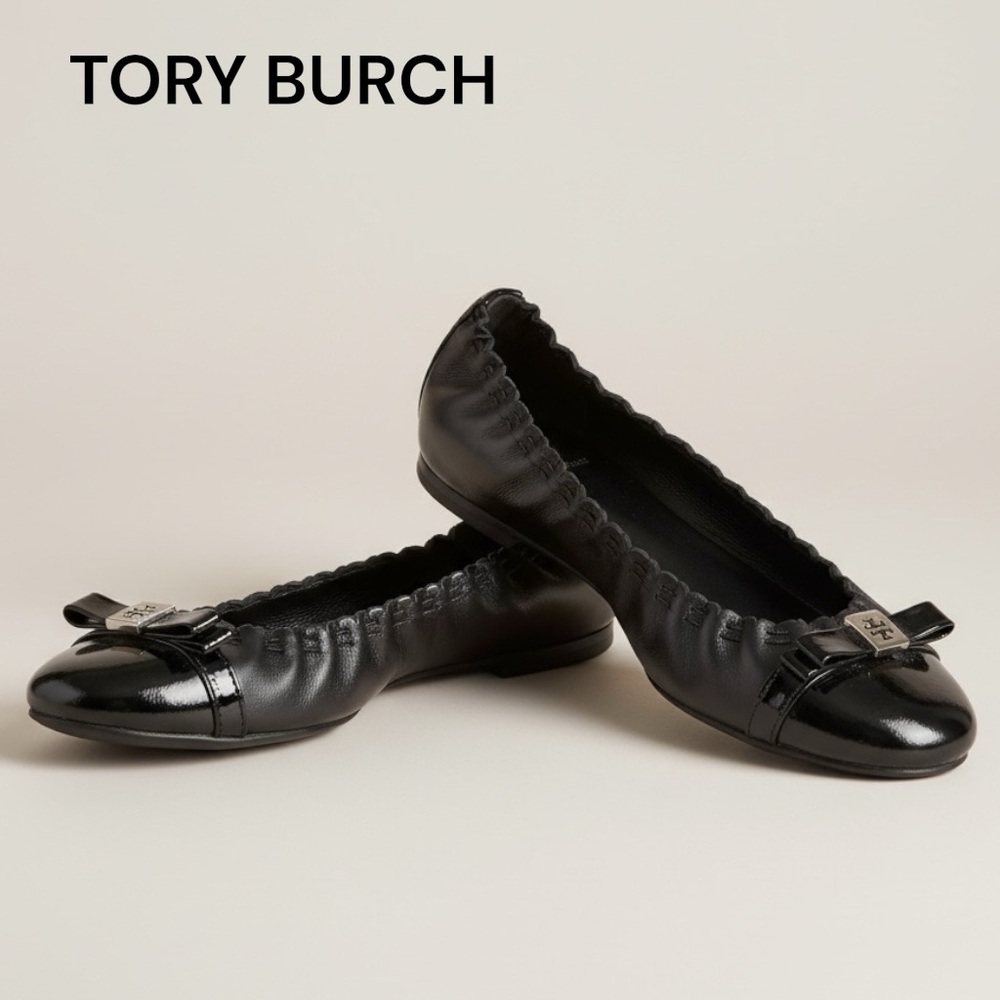 TORY BURCH BLACK ROMY NEW BOX SHOES PATENT LEATHER LOGO BALLET FLATS 6.5